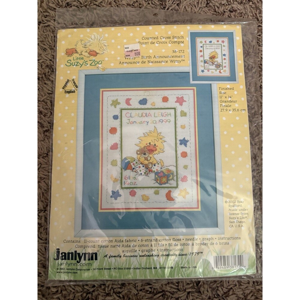 Janlynn Suzy's Zoo Witzy Birth Announcement Counted Cross Stitch Kit 11 " x 14"